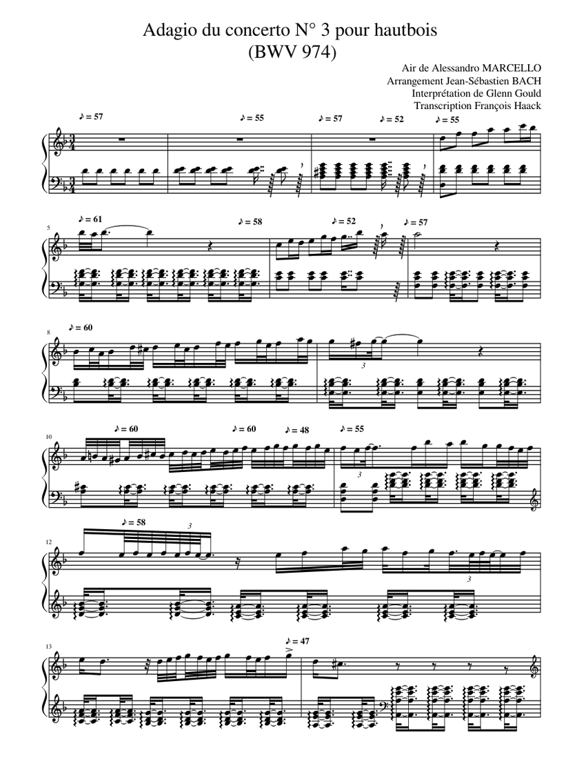 Bach Adagio Marcello BWV974 by Glenn Gould for playing Sheet Music