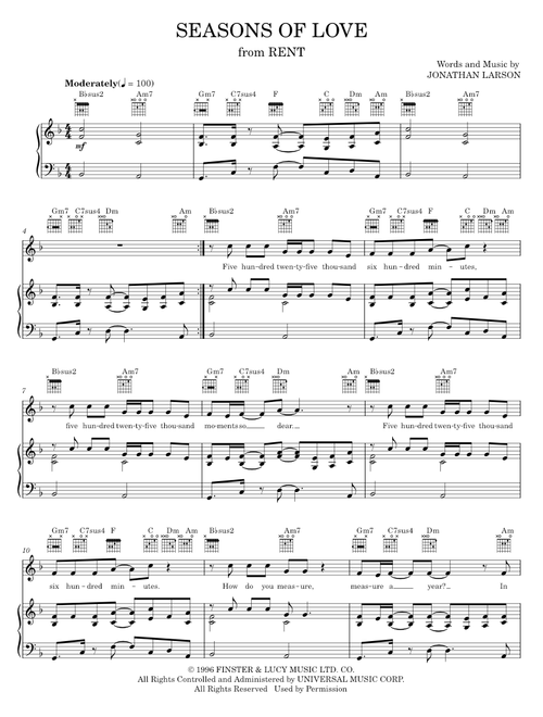 Seasons Of Love (from Rent) - Jonathan Larson, Rent Musical (Piano-Vocal-Guitar)