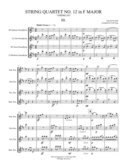 String Quartet No. 12 in F Major, "American" for Saxophone Quartet MOVEMENT III (Arr. Colin Eng) - Antonín Dvořák (Woodwind Ensemble)