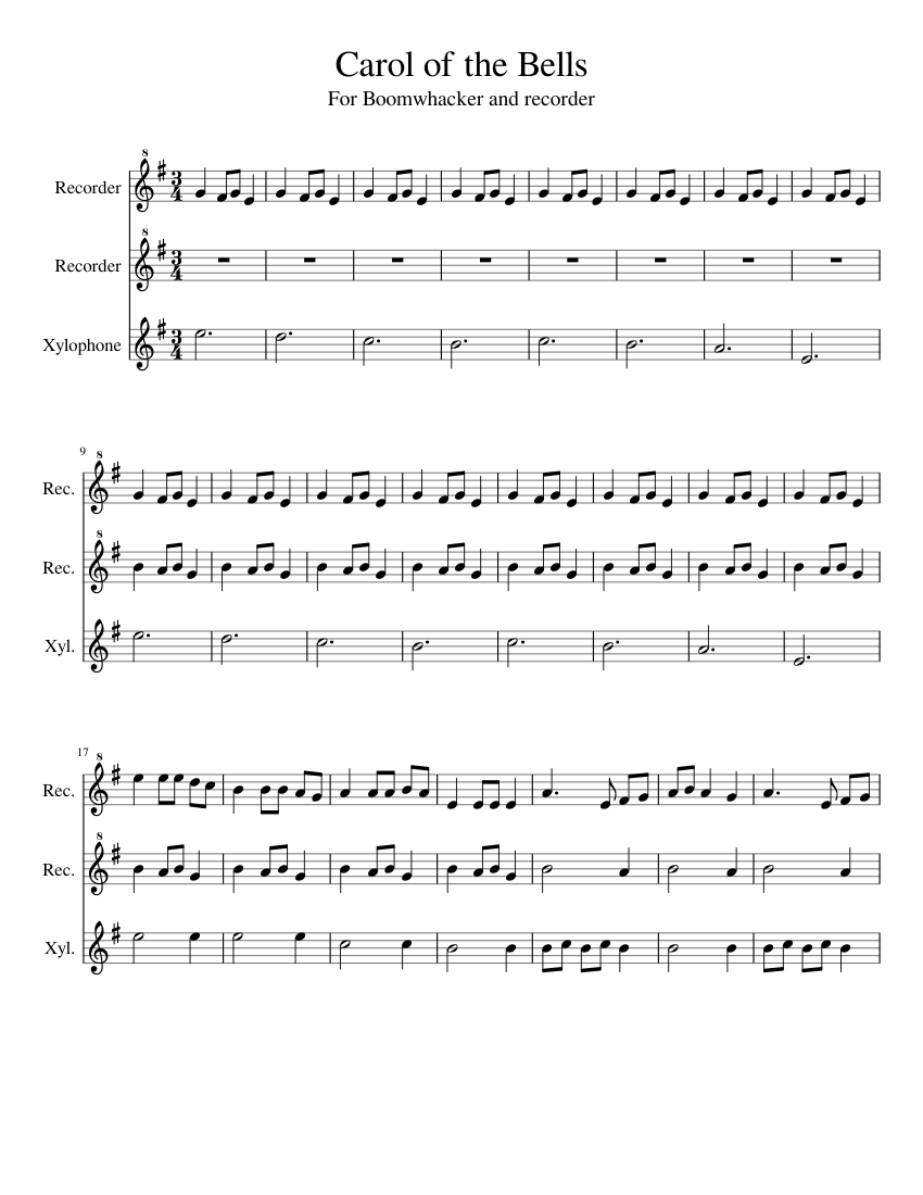 Carol of the Bells Sheet Music for Xylophone, Recorder (Mixed Trio) |  MuseScore.com, image size:850x1100