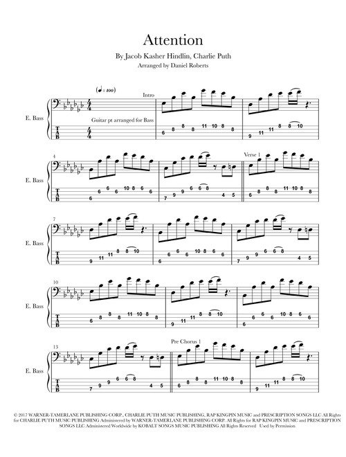 Attention (Arr. Daniel D-Rob Roberts) - Charlie Puth (Bass Tab)