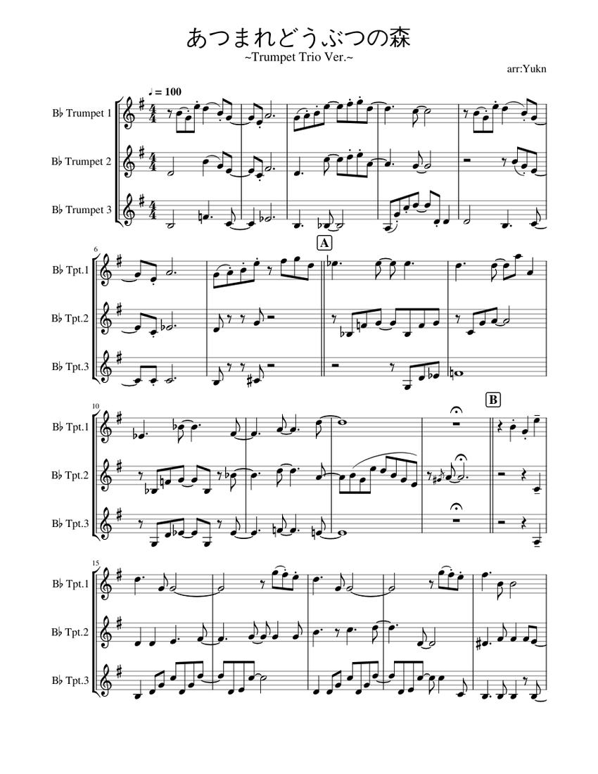 あつまれどうぶつの森 Sheet Music for Trumpet in b-flat (Mixed Trio