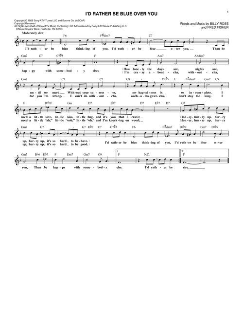I'd Rather Be Blue Over You - Barbra Streisand (Lead Sheet - Fake Book)