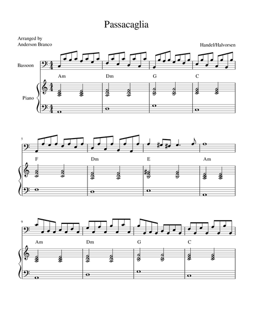 Passacaglia (Handel, Halvorsen - Bassoon & Piano w/Chord Symbols) (Arr. Anderson Branco) - Johan Halvorsen, Georg Friedrich Handel (Bassoon and Piano)