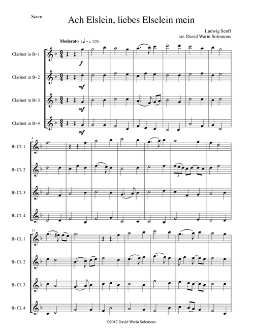 Ach Elslein, liebes Elselein mein for clarinet quartet (4 B flats) (Arr. David Warin Solomons) - Ludwig Senfl (Clarinet Solo)