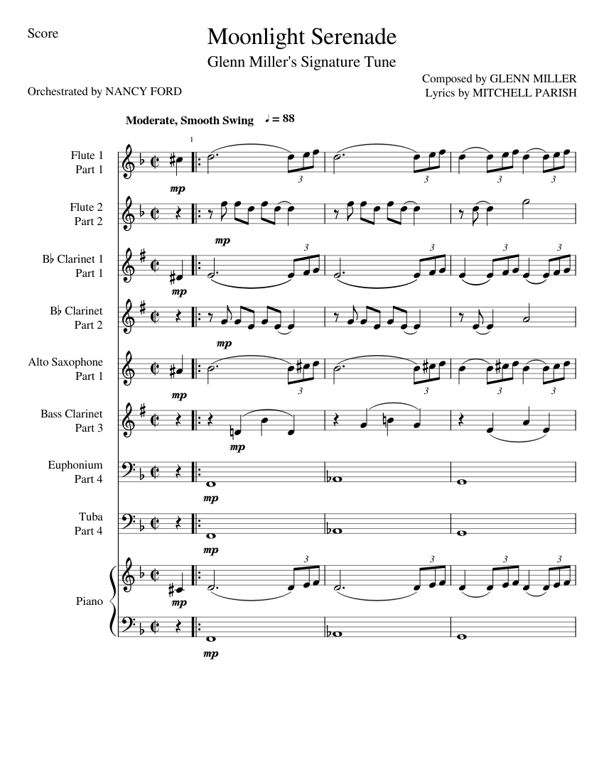 Moonlight Serenade Glenn Miller for wind ensemble Sheet music for Piano Euphonium Tuba Flute more instruments Mixed Ensemble Musescore