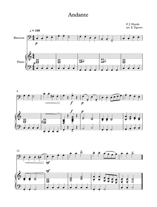 Andante (Surprise Symphony), Franz Joseph Haydn, For Bassoon & Piano (Arr. Eugene Egorov) (Bassoon and Piano)