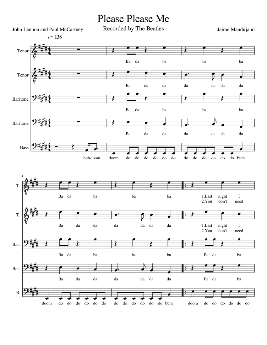 Please please me – The Beatles TTBBB Sheet Music for Tenor, Bass