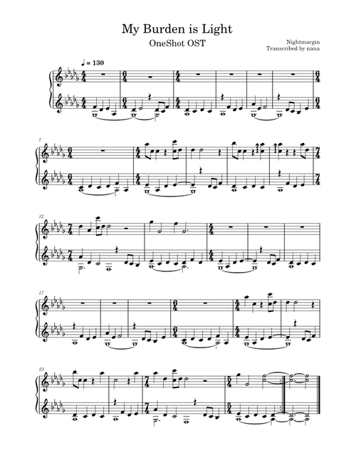 My Burden is Light – Nightmargin (Casey Gu) OneShot OST- My Burden is Light-Piano Transcription