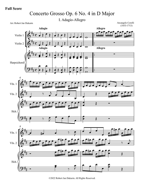 Concerto Grosso Op. 6 No. 4 in D Major: I. Adagio-Allegro - Score Only (Arr. Robert Jan Dukarm) (Small Ensemble)