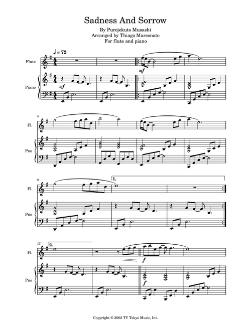 Sadness And Sorrow (Arr. Thiago Marconato) - Purojekuto Musashi (Flute and Piano)
