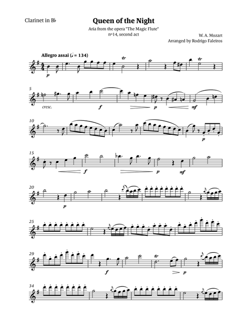 Queen of the Night - for solo clarinet in Bb (Arr. Rodrigo Faleiros) - Mozart, W A Mozart (Clarinet Solo)