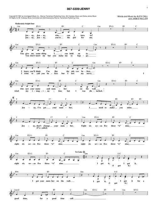 867-5309/Jenny - Tommy Tutone (Lead Sheet - Fake Book)
