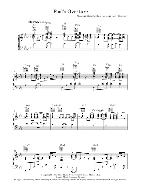 Fool's Overture - Supertramp (Piano-Vocal-Guitar (Piano Accompaniment))