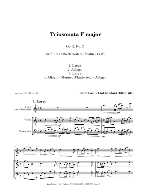 Triosonata F major, Op. 2. No. 2 - John Loeillet ("of London") for Flute (Alto Recorder) Violin and Cello