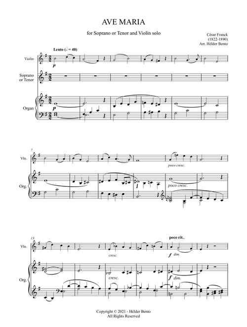 Avé Maria - César Franck for High Voice (Em) and Violin Solo (Arr. H. Bento) - Cesar Franck (Piano Vocal)