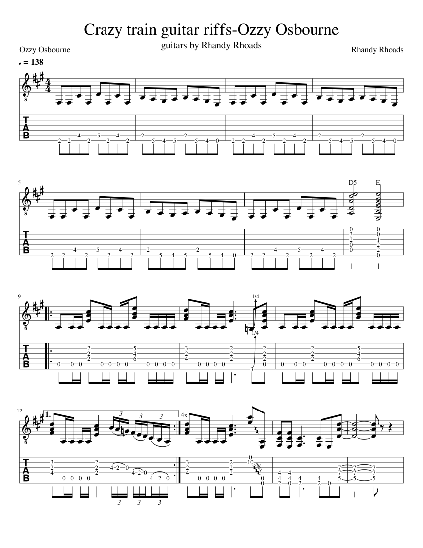 Crazy train guitar riffsOzzy Osbourne(almost done) Sheet music for