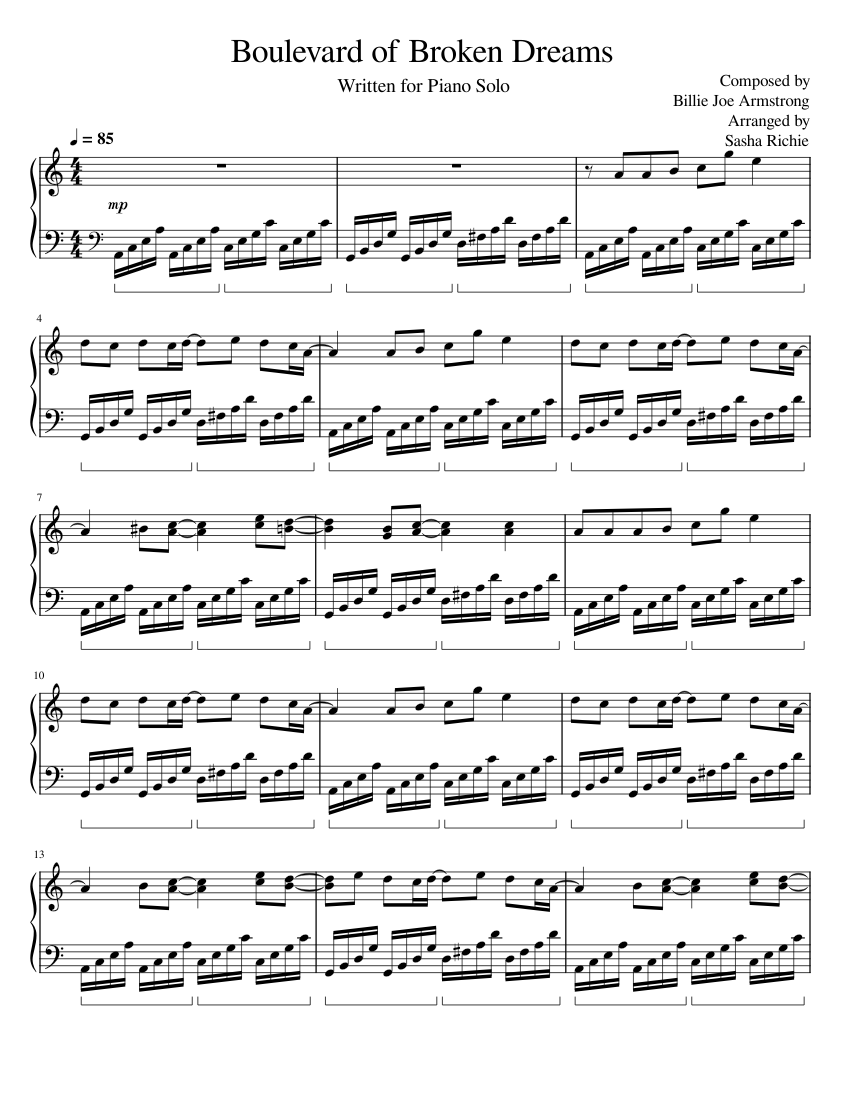 Boulevard Of Broken Dreams Green Day Sheet Music For Piano Solo