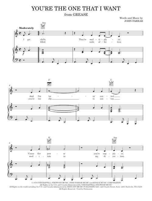 You're The One That I Want (from Grease) - John Travolta, Olivia Newton-John, Olivia Newton-John & J (Piano-Vocal-Guitar)