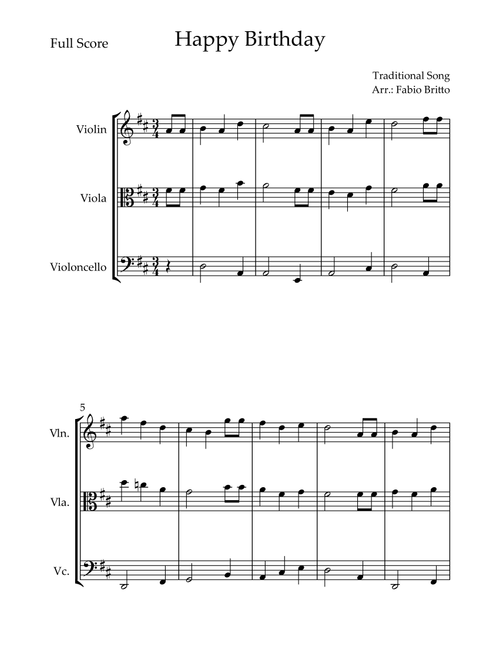 Happy Birthday Song (Easy Version) for String Trio (Arr. Fabio Britto) - Traditional Song (String Ensemble)