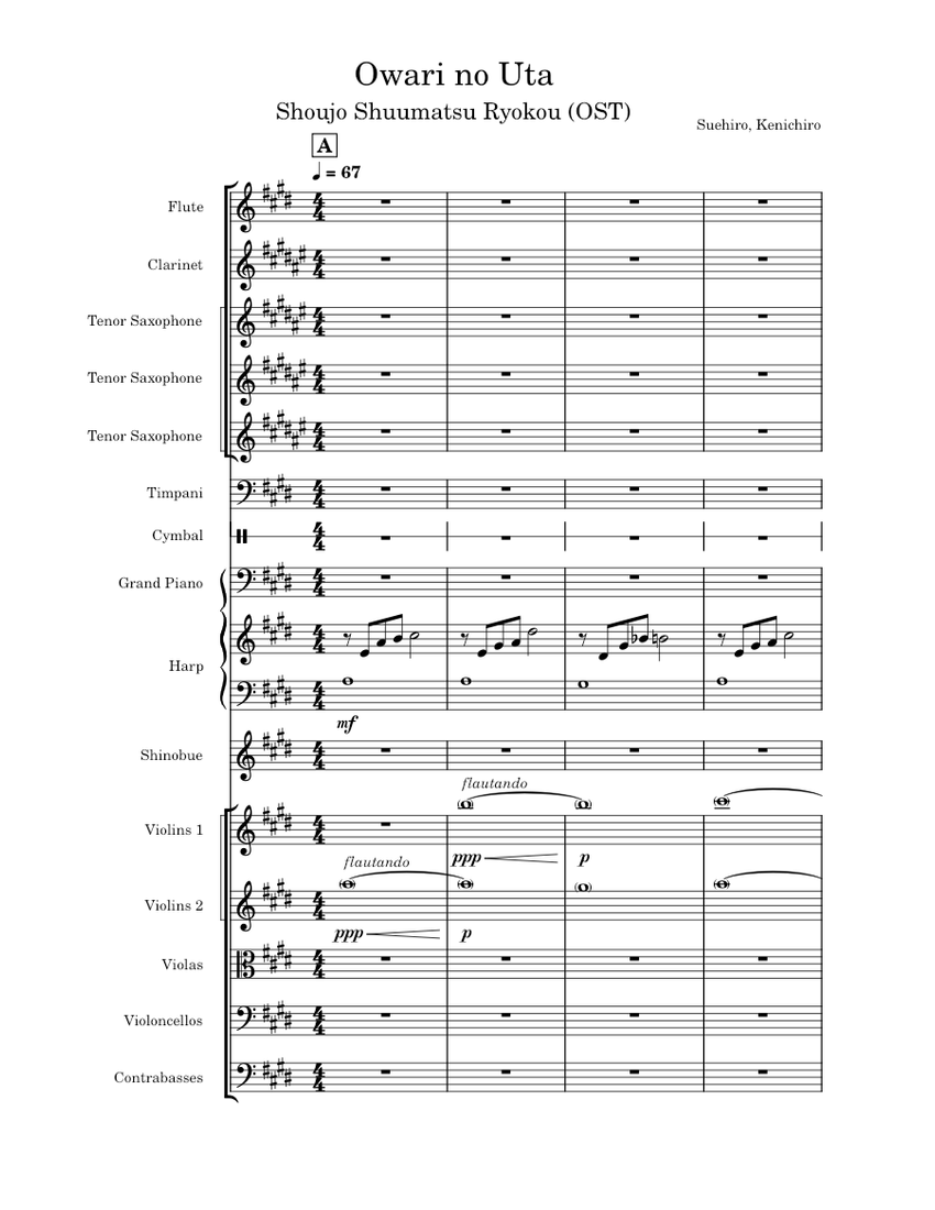 Shoujo Shuumatsu Ryokou -Owari no Uta- Sheet Music for Piano, Flute ...