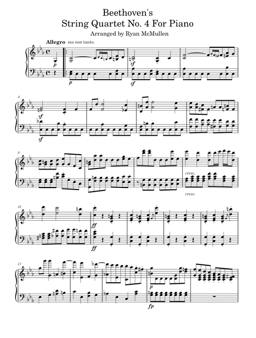 String Quartet No.4, Op.18 No.4 – Ludwig van Beethoven Arranged For Solo Piano - Ludwig van Beethoven String Quartet No 4 (PARTIAL)