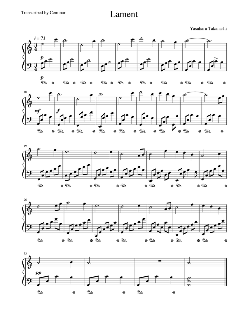 Lament Sheet Music For Piano Solo 