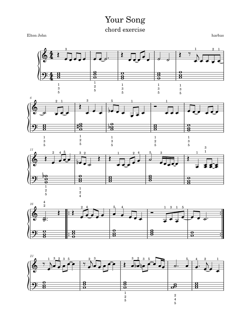 Your Song by Elton John chord exercise Sheet music for Piano Solo Easy Musescore