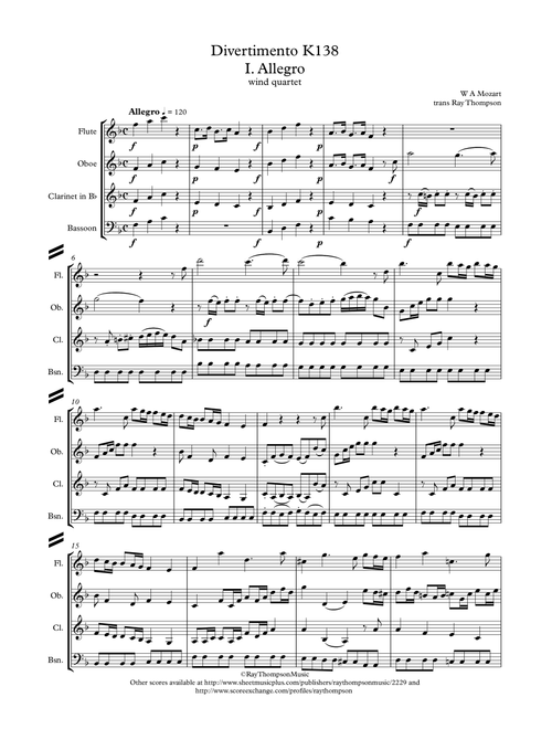 Mozart: Divertimento in F "Salzburg Symphony No.3" K138 Mvt.1 - wind quartet (Arr. Ray Thompson) - Wolfgang Amadeus Mozart (Woodwind Ensemble)