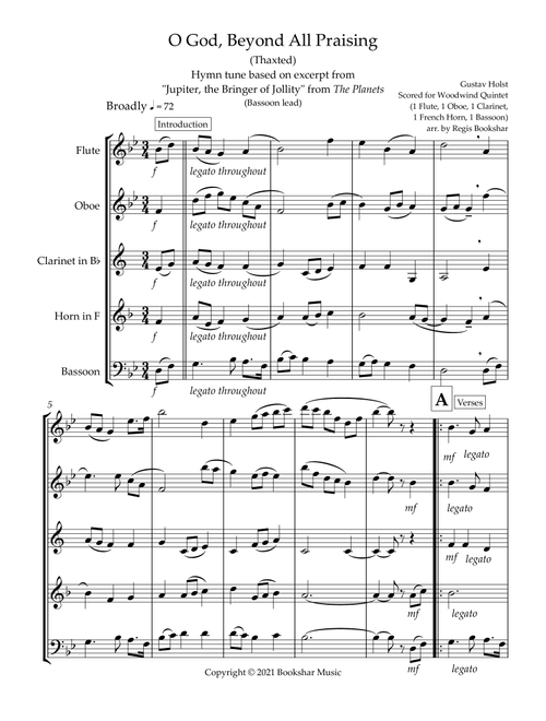 O God, Beyond All Praising (Thaxted) (Bb) (Woodwind Quintet - 1 Flute, 1 Oboe, 1 Clar, 1 Hrn, 1 Bass (Arr. Regis Bookshar) - Gustav Holst (Woodwind Ensemble)