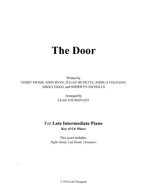 The Door (Arr. Leah Tousignant) - Teddy Swims (Piano Solo)