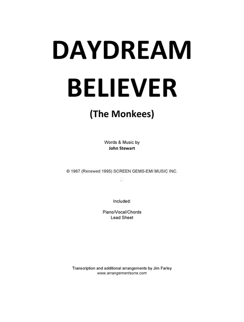 Daydream Believer (Arr. Jim Farley - www.arrangementsone.com) - The Monkees (Piano-Vocal-Guitar (Piano Accompaniment))