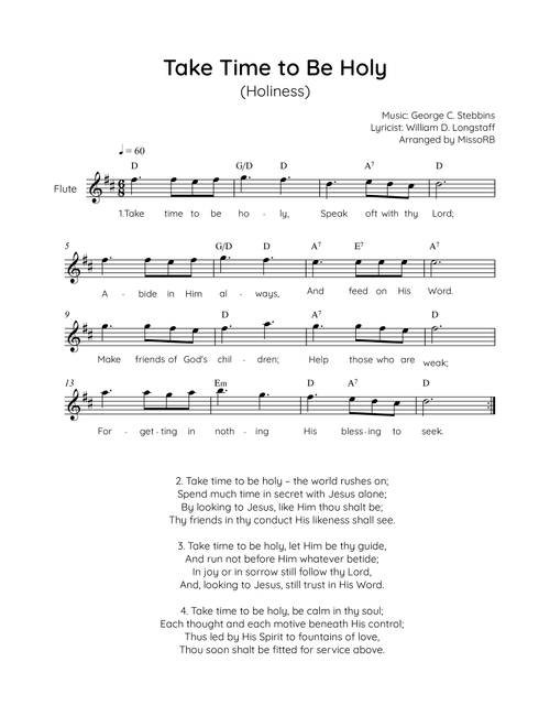 Take Time to Be Holy - Flute in D Easy with Chords and Lyrics (Arr. MissoRB) - George C Stebbins and William D Longstaff (Flute Solo)