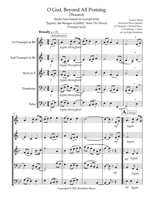 O God, Beyond All Praising (Thaxted) (Bb) (Brass Quintet - 2 Trp, 1 Hrn, 1 Trb, 1 Tuba) (Trumpet lea (Arr. Regis Bookshar) - Gustav Holst (Brass Ensemble)