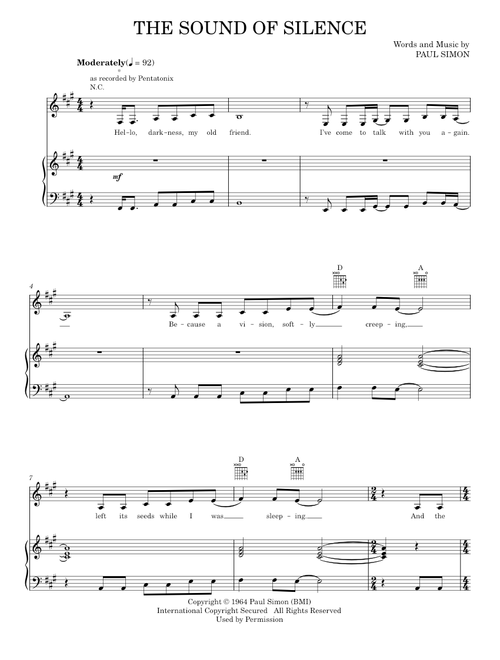The Sound Of Silence - Pentatonix, Simon & Garfunkel (Piano-Vocal-Guitar)