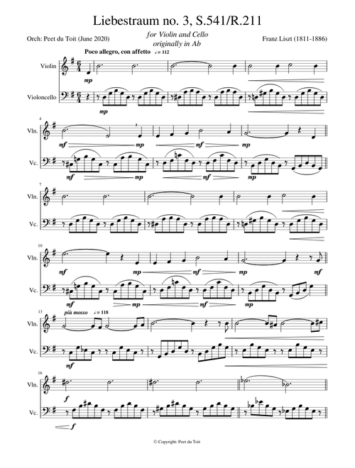 Liebestraum no. 3, S.541 R.211 - F Liszt  (Violin & Cello)  excerpt