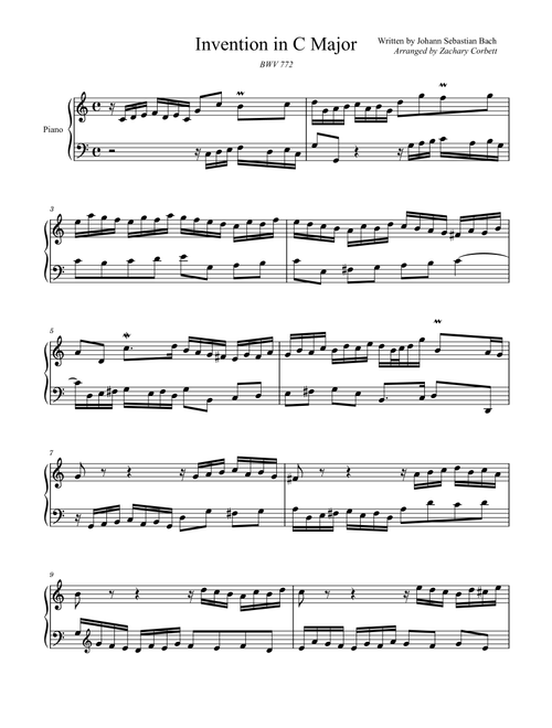 Invention BWV 772 in C Major (Arr. Zachary Corbett) - Johann Sebastian Bach (Piano Solo)