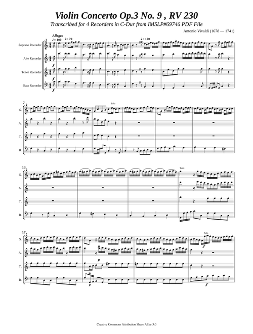 Vivaldi, A. Violin Concerto in D-Dur, RV 230 [4 Recorders]