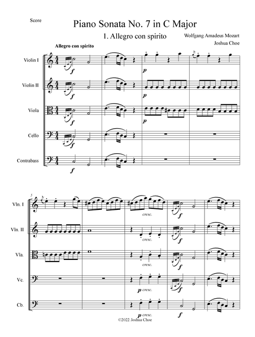 Piano Sonata No. 7 in C Major, Movement 1 (Arr. Joshua Choe) - Wolfgang Amadeus Mozart (Orchestra)