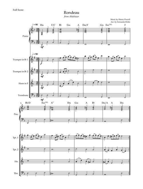 Rondeau (from Abdelazer) for Brass Quartet and Piano Accompaniment with Chords (Arr. Fernando Britto) - Henry Purcell (Small Ensemble)