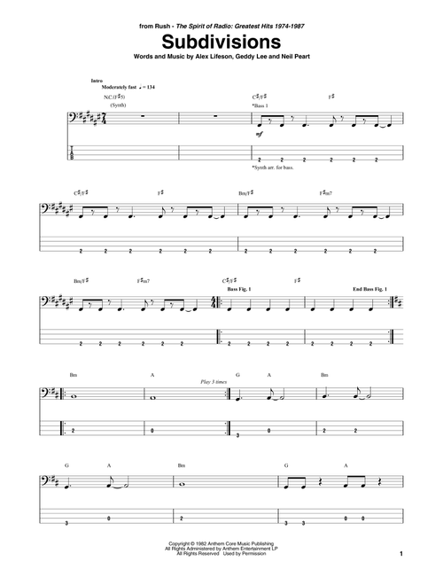 Subdivisions - Rush (Bass Tab)
