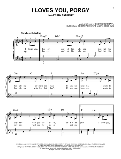I Loves You, Porgy (from Porgy And Bess) - Ira Gershwin, DuBose Heyward, Dorothy Heyward (Very Easy Piano)