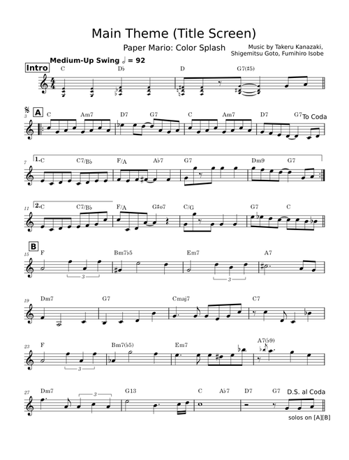 Main Theme (Title Screen) - Paper Mario: Color Splash – Takeru Kanazaki, Shigemitsu Goto, Fumihiro Isobe (Lead Sheet)