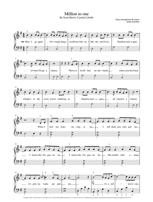 Million To One (Arr. Antje Günther) - Camila Cabello, Scott Harris (Easy Piano)