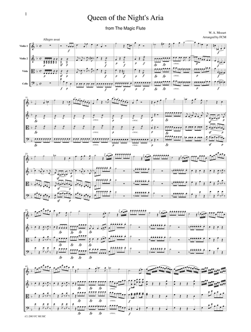 Mozart Queen of the Night's Aria from The Magic Flute, for string quartet, CM006 (Arr. FCMUSIC) (String Quartet)