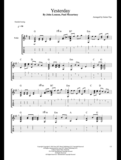 Yesterday (Arr. Guitar-Tips) - The Beatles, En Vogue, Adam Levine & Tony Lucca (Solo Guitar)