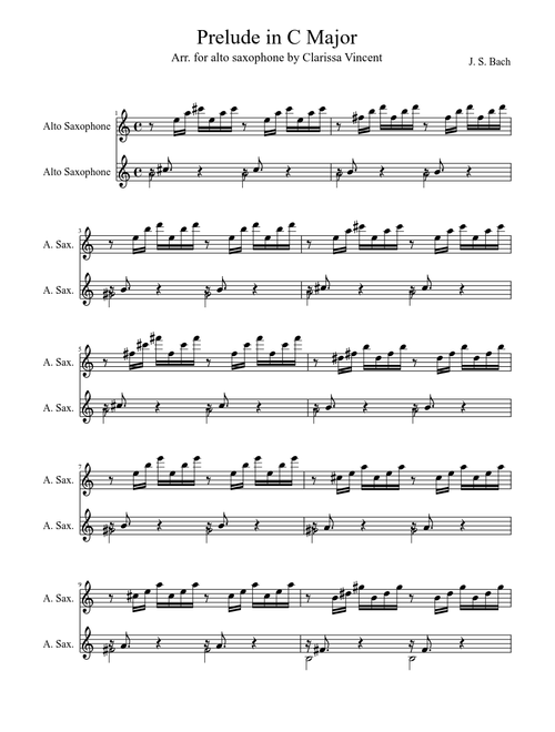 for alto saxophone. Prelude in C Major. JS Bach.