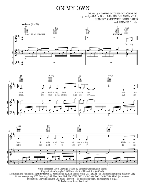 On My Own (from Les Miserables) - Alain Boublil, Les Miserables Musical (Piano-Vocal-Guitar)