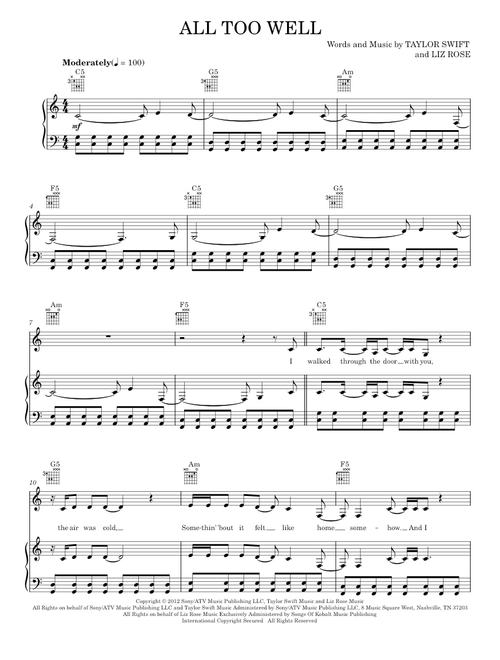 All too well - Taylor Swift (Piano-Vocal-Guitar)