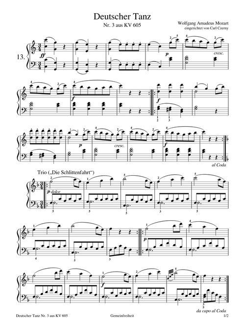 German Dance No.3 KV 605 - Piano Solo - Mozart